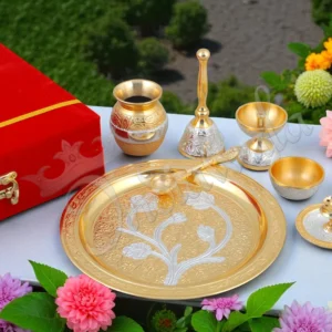 An 8 inch gold plated aluminium pooja thali, beautifully crafted for religious ceremonies.