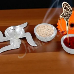 Elegant silver plated aluminium diya set in a premium velvet box
