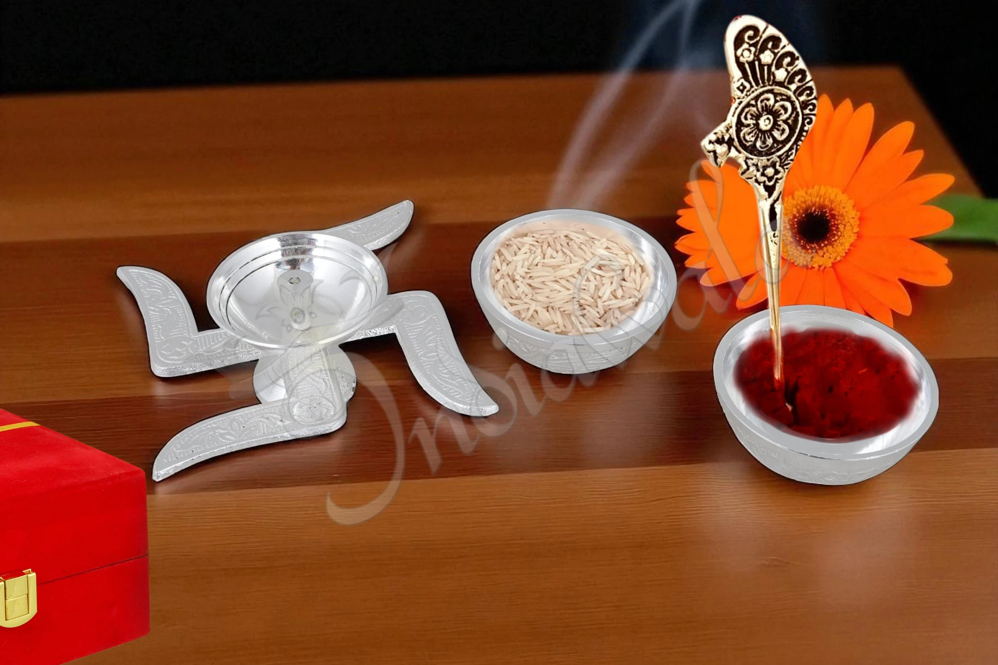 Elegant silver plated aluminium diya set in a premium velvet box