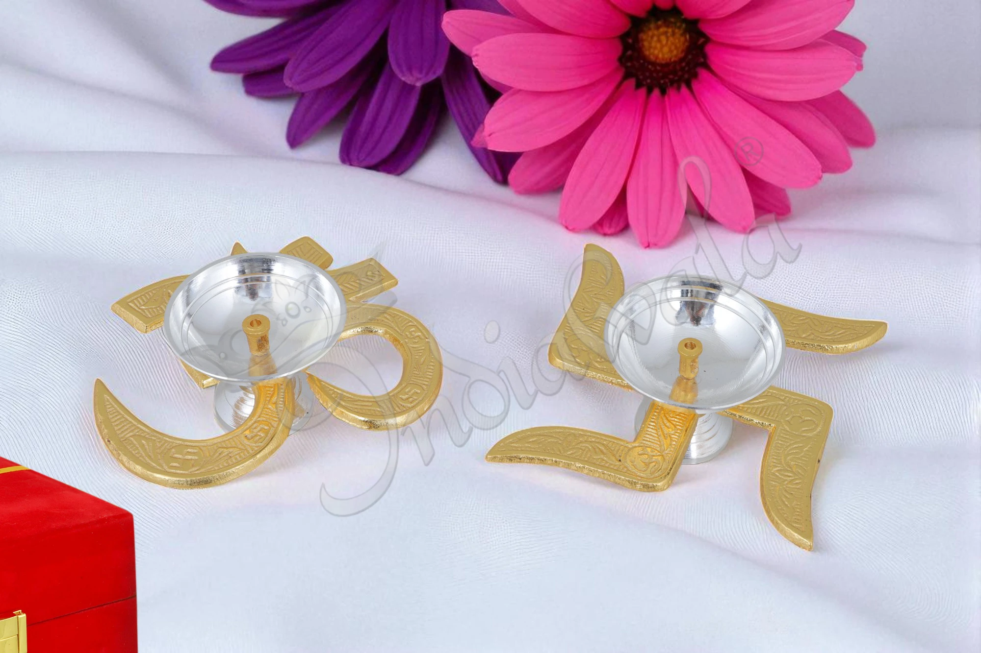 4 Inch Aluminium Om Swastik Diya Set in a premium velvet box