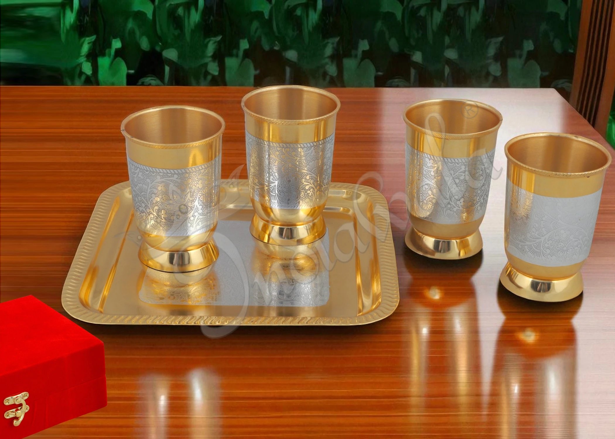 INW-9248 Dual Tone Steel Glass Set with Square Tray in a premium velvet box