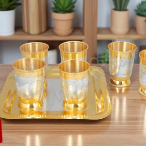 Dual tone steel six glass set with velvet box on a square tray