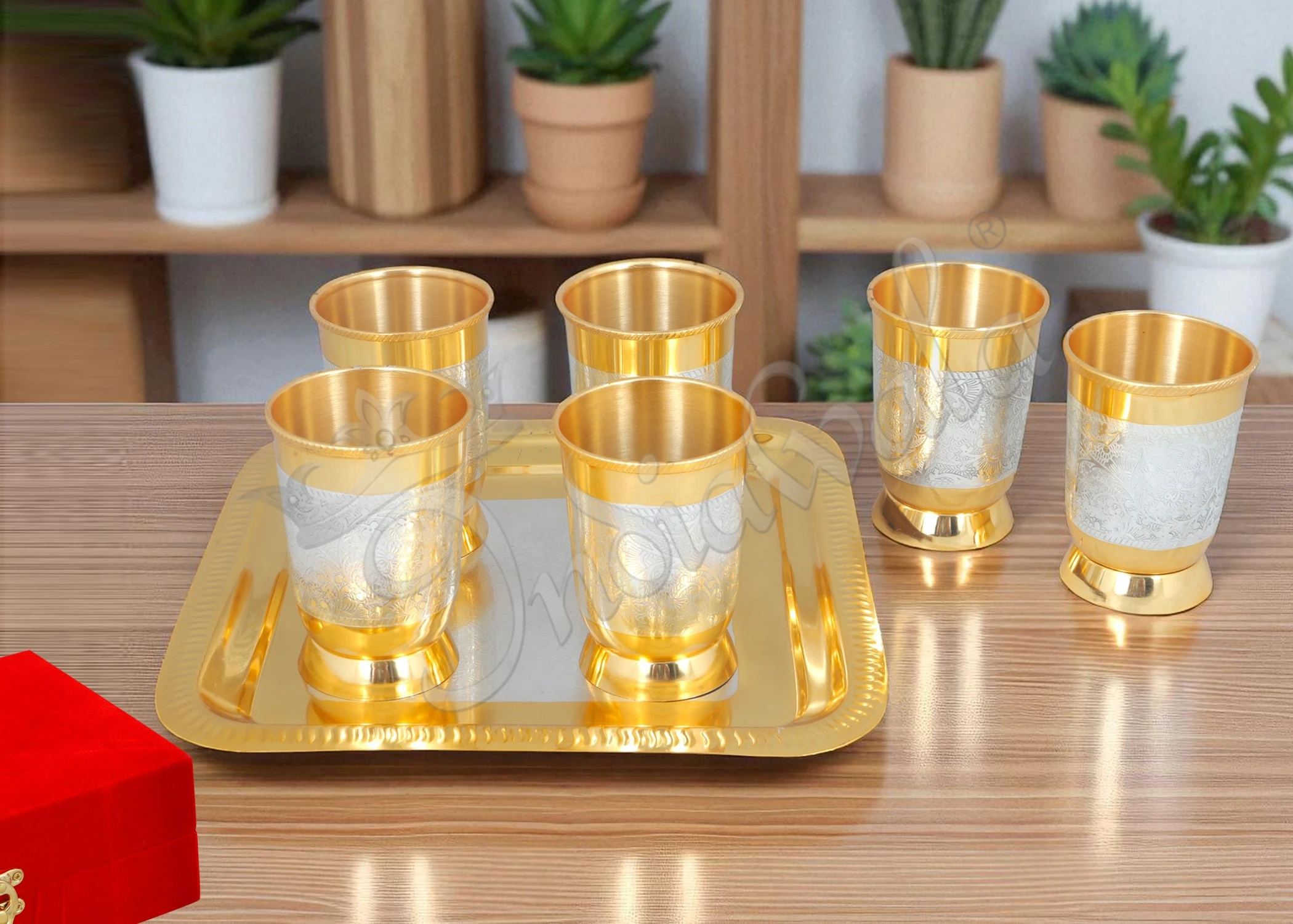 INW-9249 Dual tone steel six glass set with velvet box on a square tray