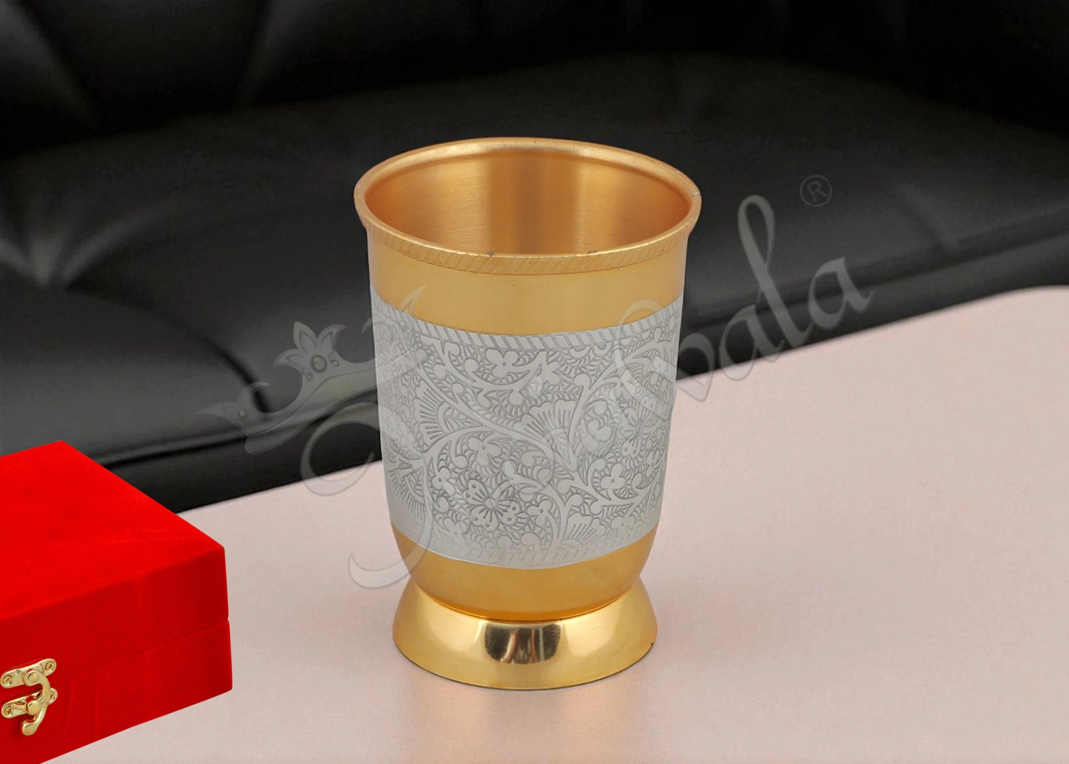 INW-9250-G Elegant 4 inch dual tone steel gifting glass set in a premium velvet box