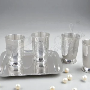 Elegant silver plated steel four glass set with tray in a velvet box