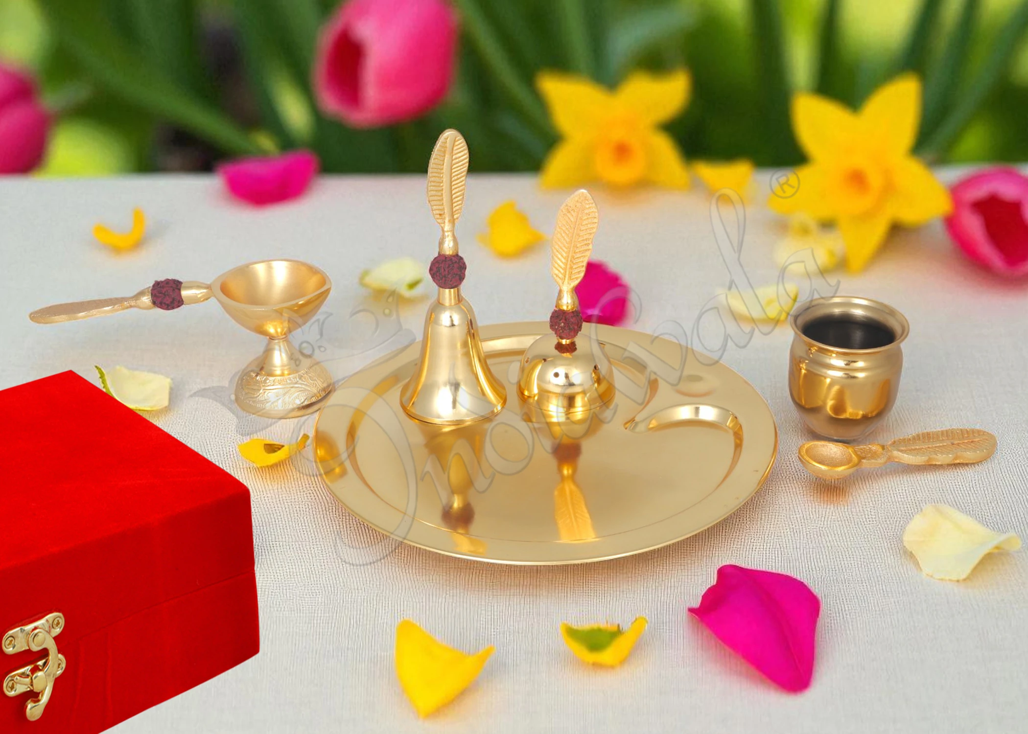 INW-9276-1 A radiant 9 Inch Gold Plated Aluminium Gifting Pooja Thali, showcasing its intricate design and premium finish.
