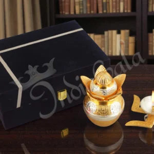 Gold Plated Aluminium Kalash Swastik Diya Set in a premium velvet box