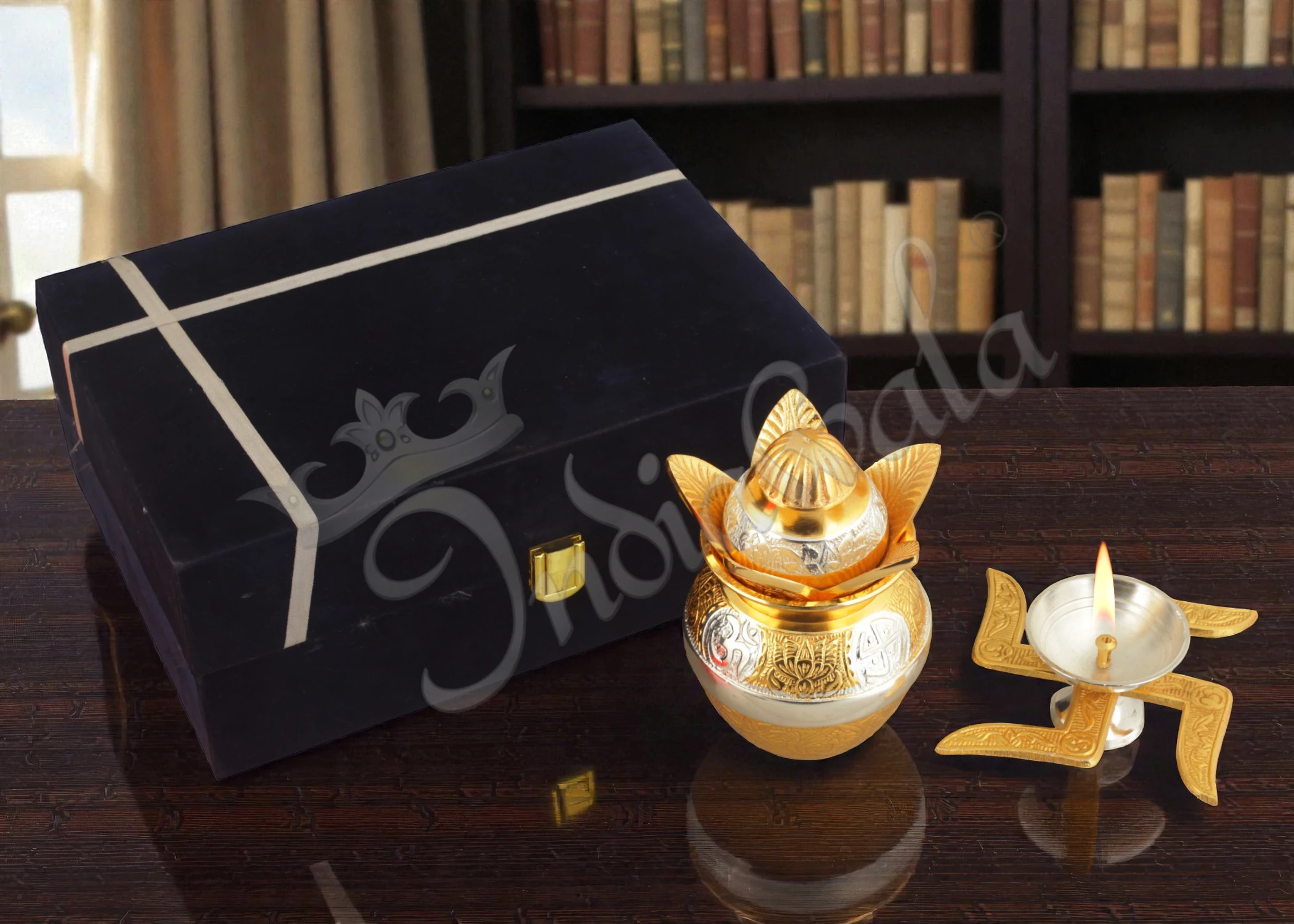 INW-9303-2 Gold Plated Aluminium Kalash Swastik Diya Set in a premium velvet box