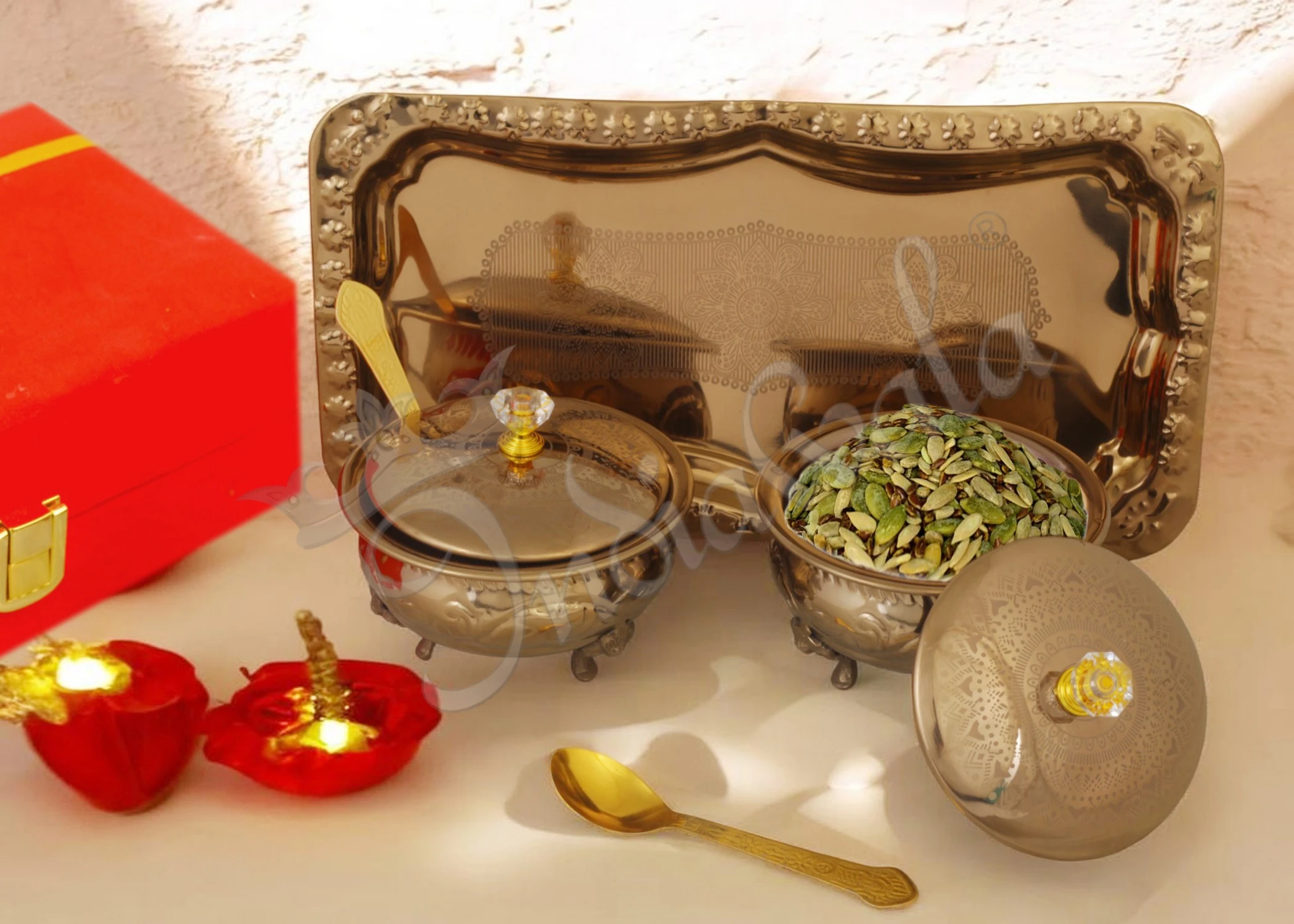 INW-9317 Elegant PVD Coated Steel Bowl Set with Velvet Box on a matching serving tray