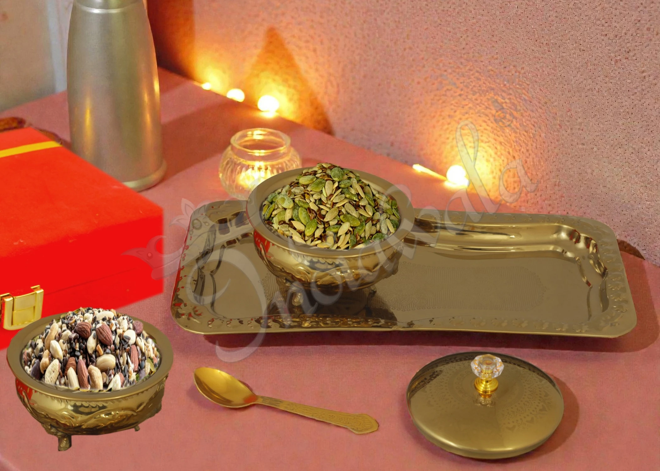 INW-9320 Elegant PVD Coated Steel Bowl Set of 2 with Tray in a premium velvet box packaging
