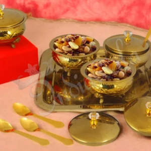 Elegant PVD coated steel bowl set of 4 with tray in a velvet box