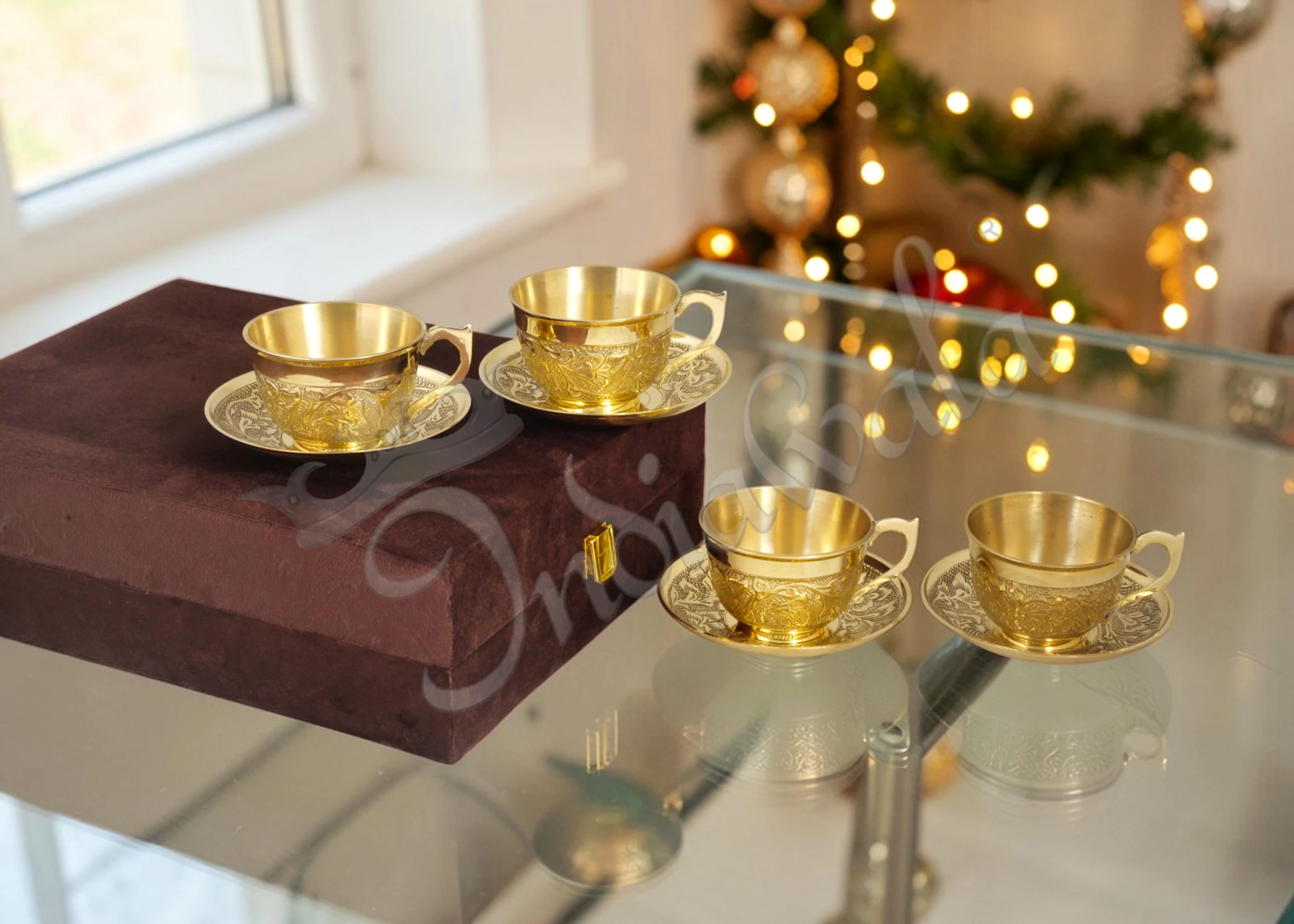 INW-9360 A beautiful Brass Finish Cup Plate Set of 4 with Velvet Box, showcasing premium brass craftsmanship.