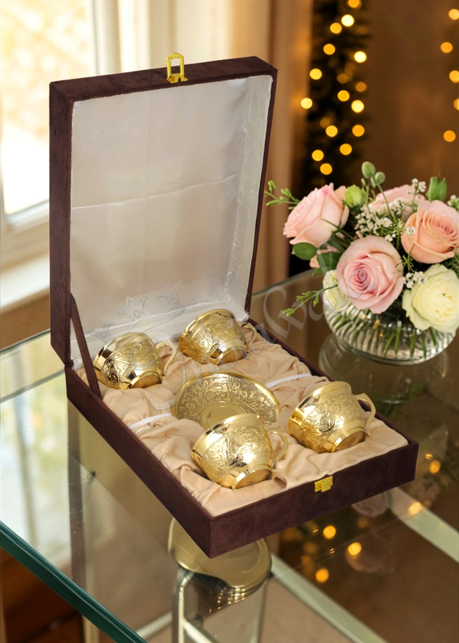 INW-9360_1 A beautiful Brass Finish Cup Plate Set of 4 with Velvet Box, showcasing premium brass craftsmanship.