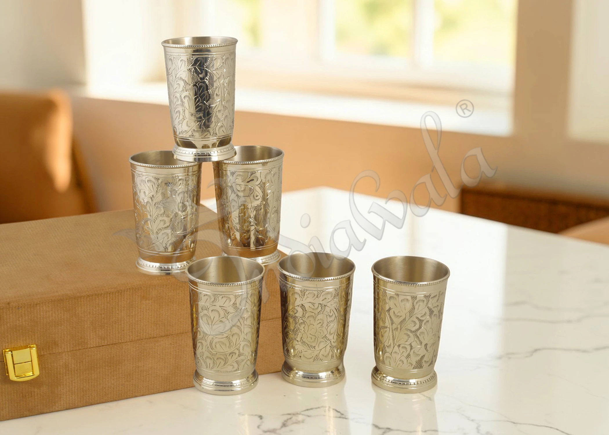 INW-9365 Elegant Brass Finish 6 Piece Glass Set in a premium velvet box