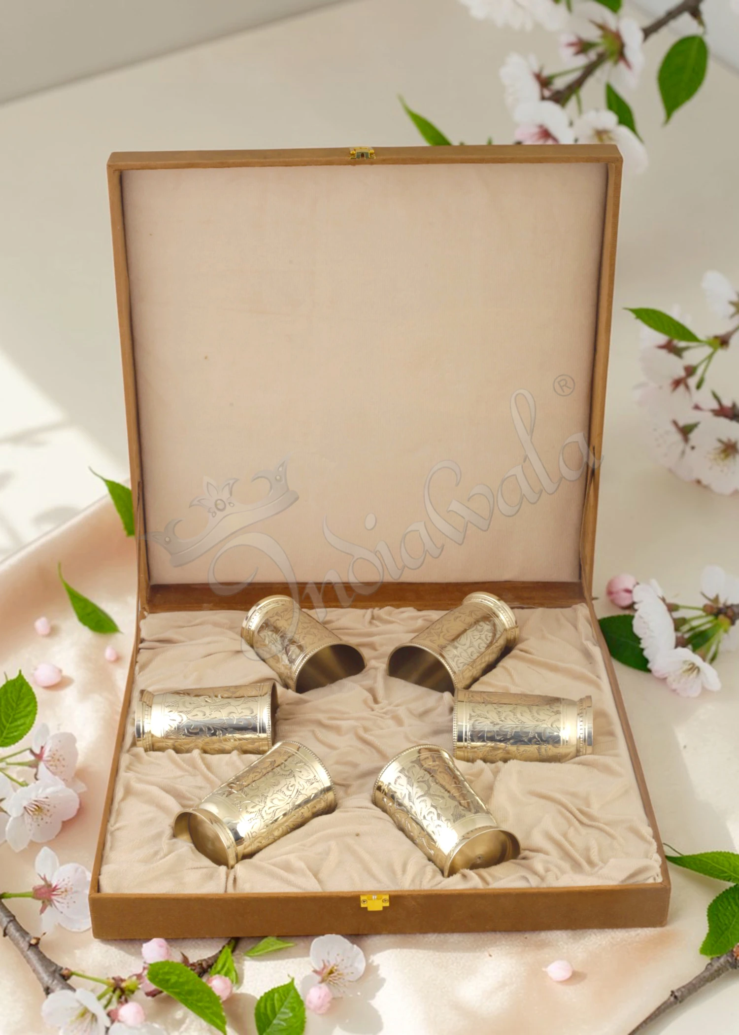 INW-9365_1 Elegant Brass Finish 6 Piece Glass Set in a premium velvet box