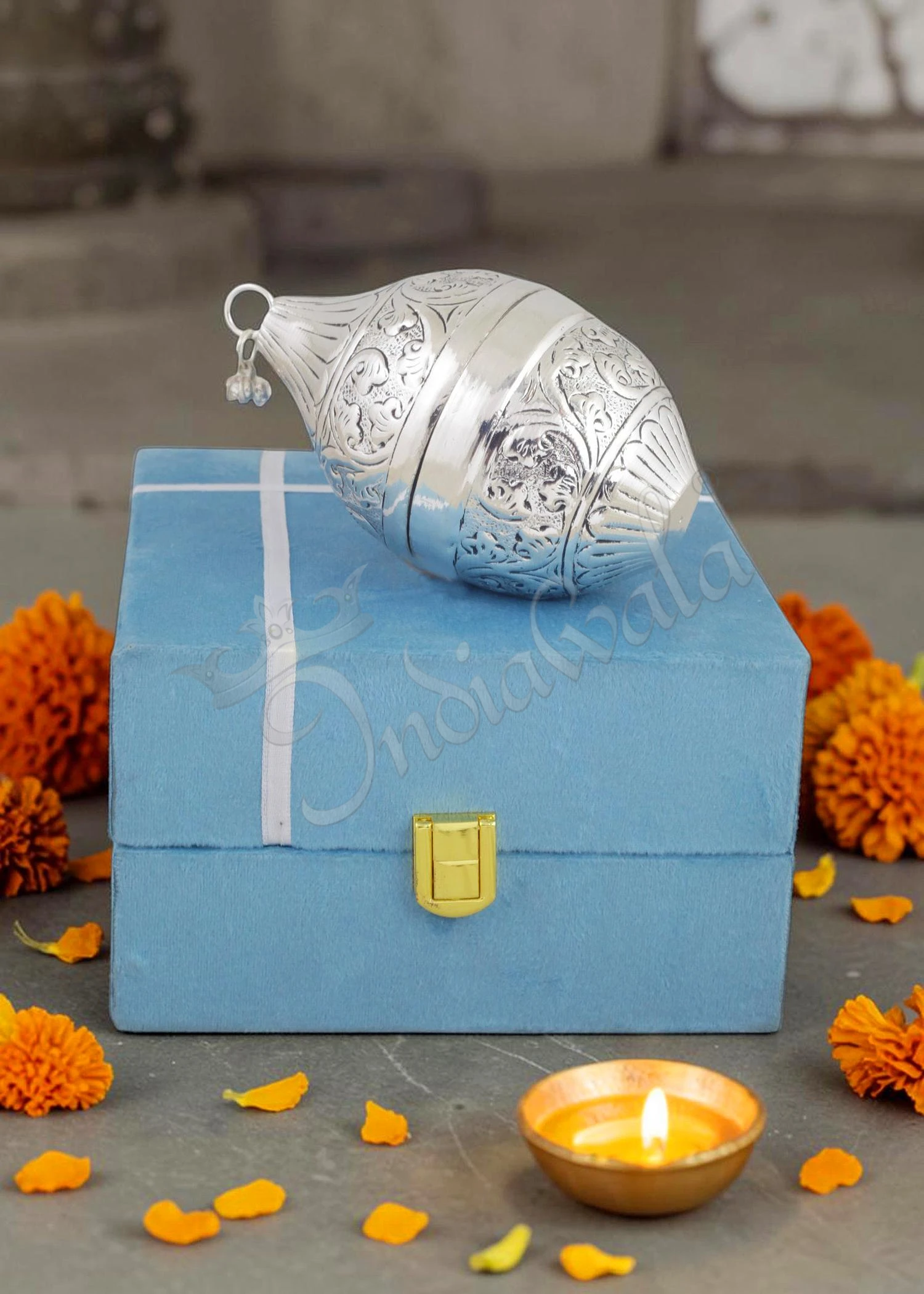 INW-9378 Handcrafted 5 Inch German Silver Brass Nariyal in an elegant velvet box