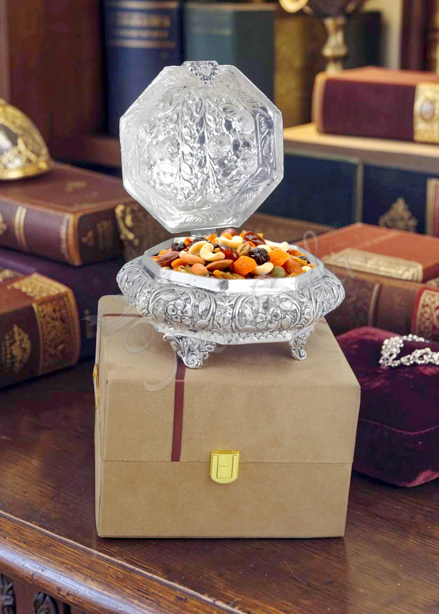 INW-9379 7 Inch German Silver Brass Bowl Set in a premium velvet box