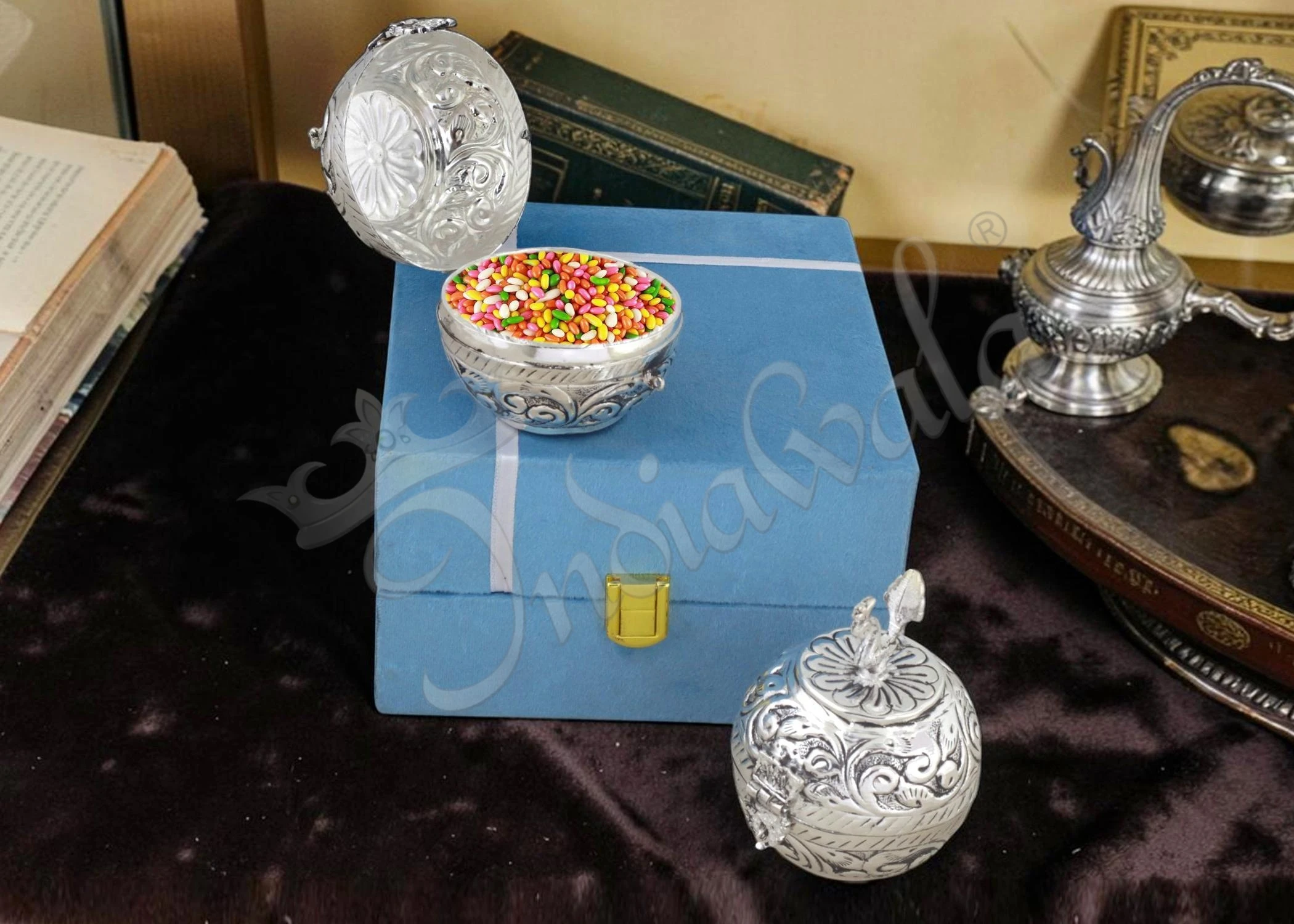 INW-9381 4 Inch German Silver Gifting Bowl Set of 2 in a velvet box