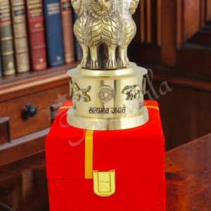 3 Inch Brass Ashoka Pillar Gifting Statue in a premium velvet box