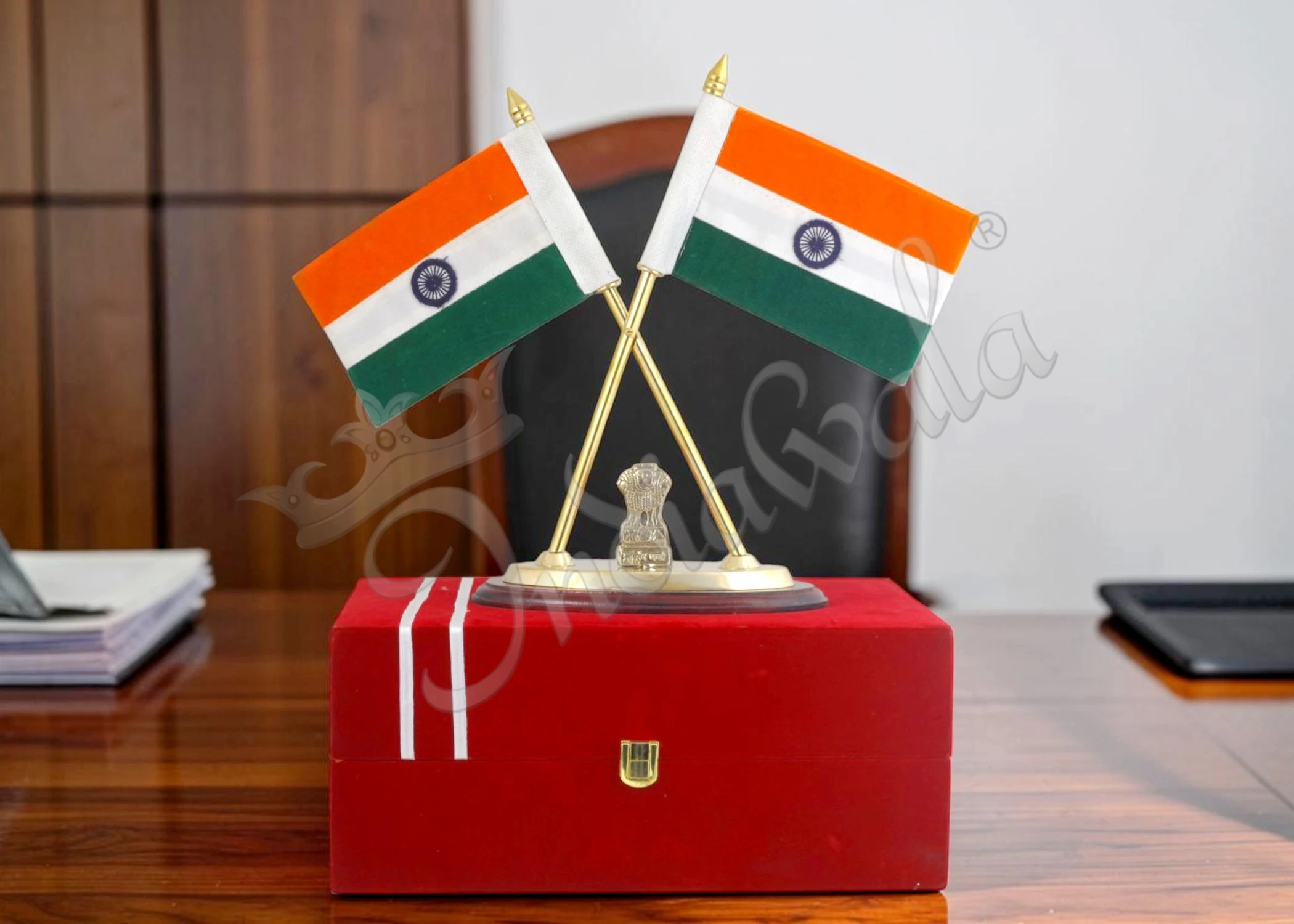 INW-9389 12.25 Inch Brass Indian Flag Decor in a premium velvet box