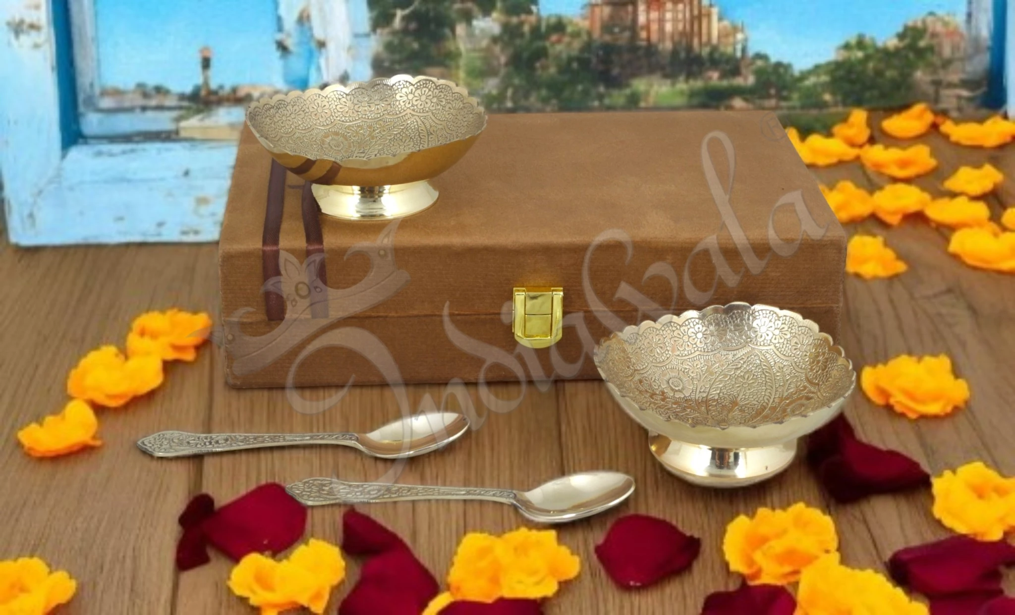 INW-9391 Silver Plated Brass 3D Bowl Set with Tray
