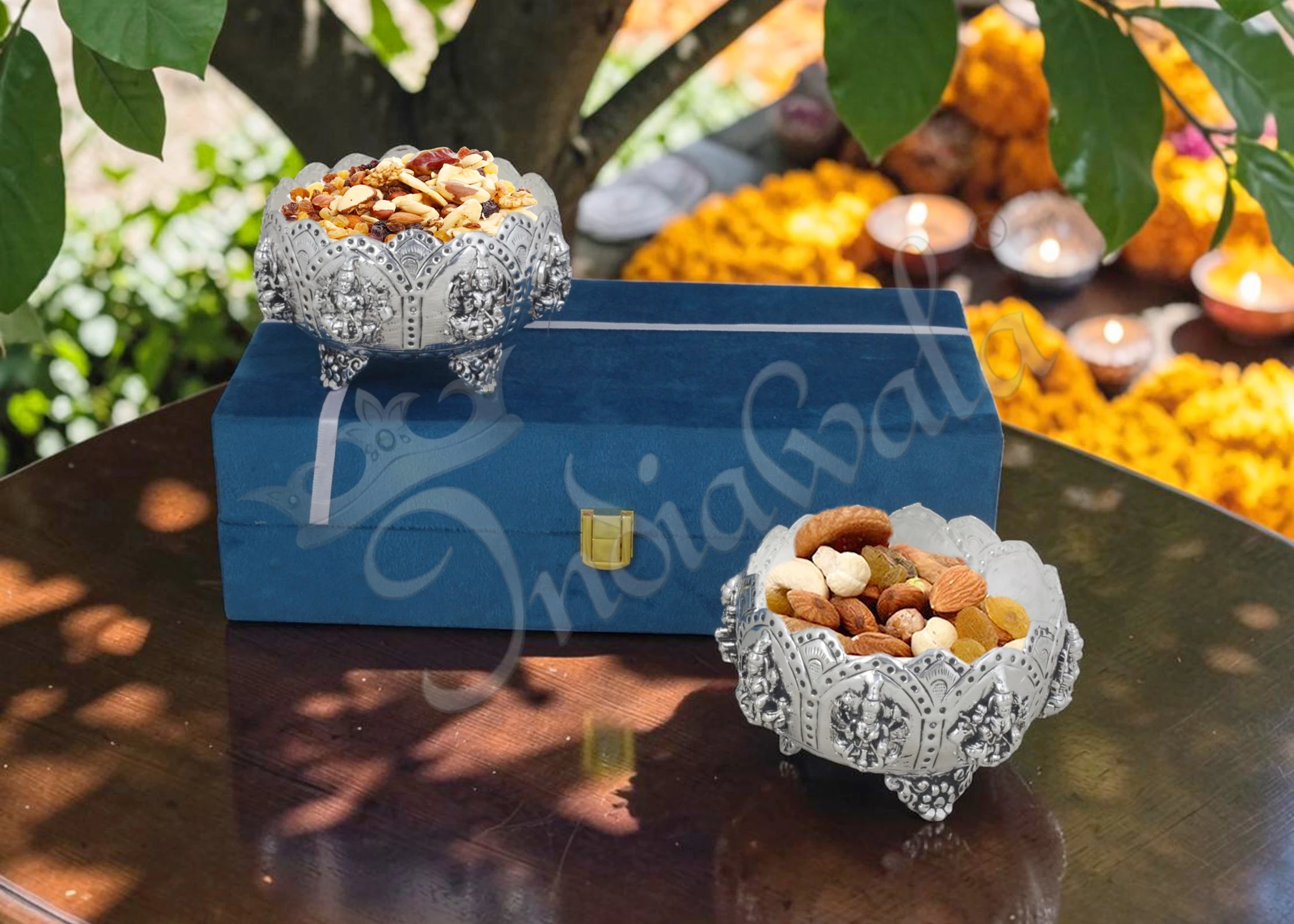 INW-9400 Elegant 5 Inch German Silver Brass Bowl Set of 2 in a red velvet box