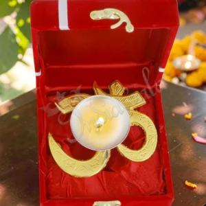 4 Inch Gold Plated Aluminium Om Diya in a premium velvet box