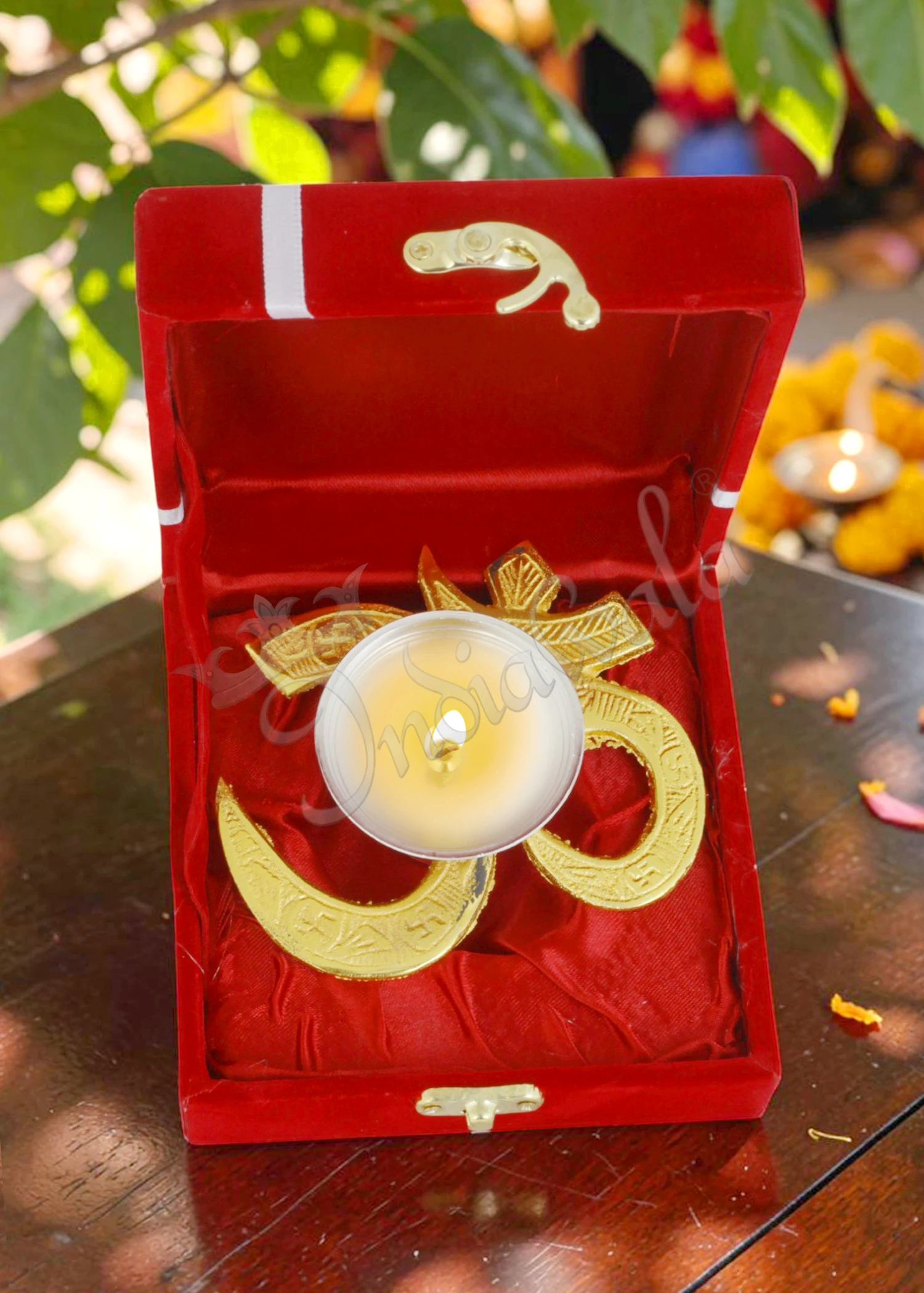 4 Inch Gold Plated Aluminium Om Diya in a premium velvet box