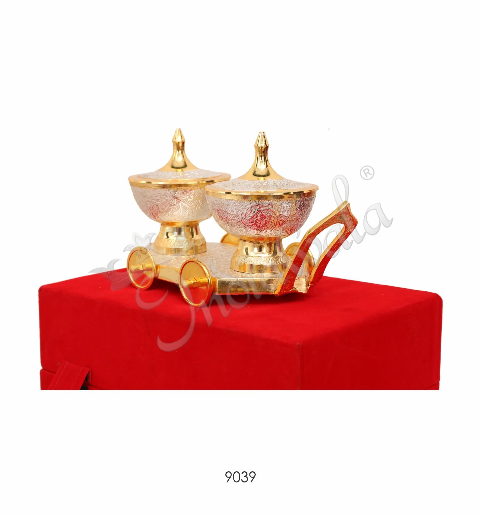 INW-9405 Elegant Dual Tone Aluminium Trolley Bowl Set with two serving bowls in a premium velvet box.