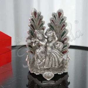 Silver Plated Peacock Radha Krishna Statue in a premium velvet box