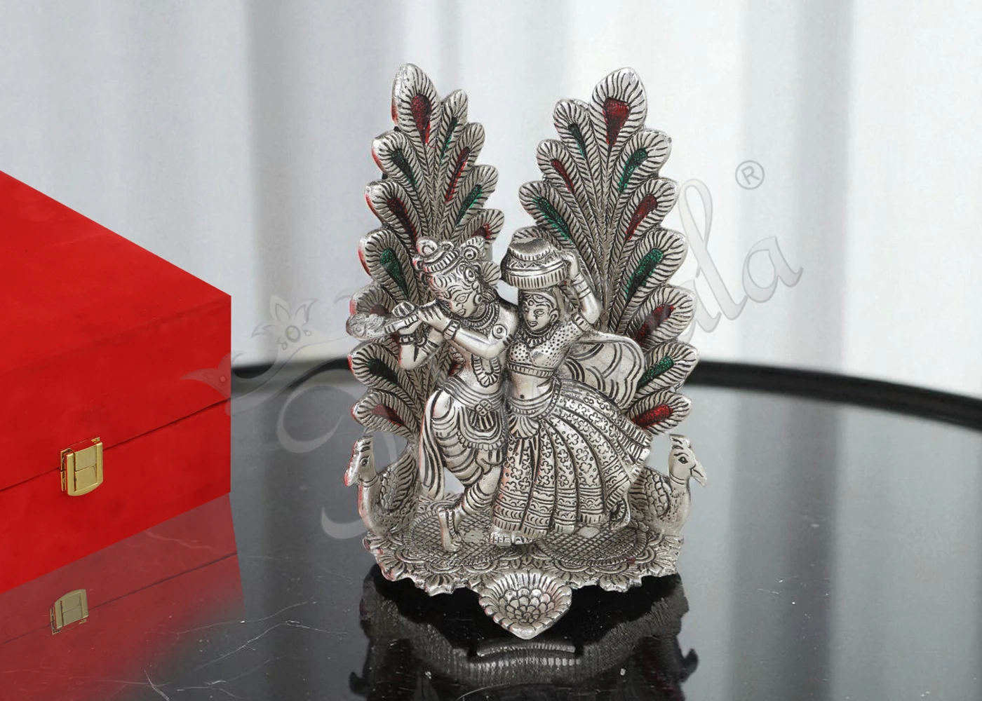 INW-15353 Silver Plated Peacock Radha Krishna Statue in a premium velvet box