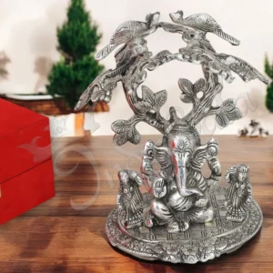 Elegant silver plated riddhi siddhi ganesh idol in a premium red velvet box