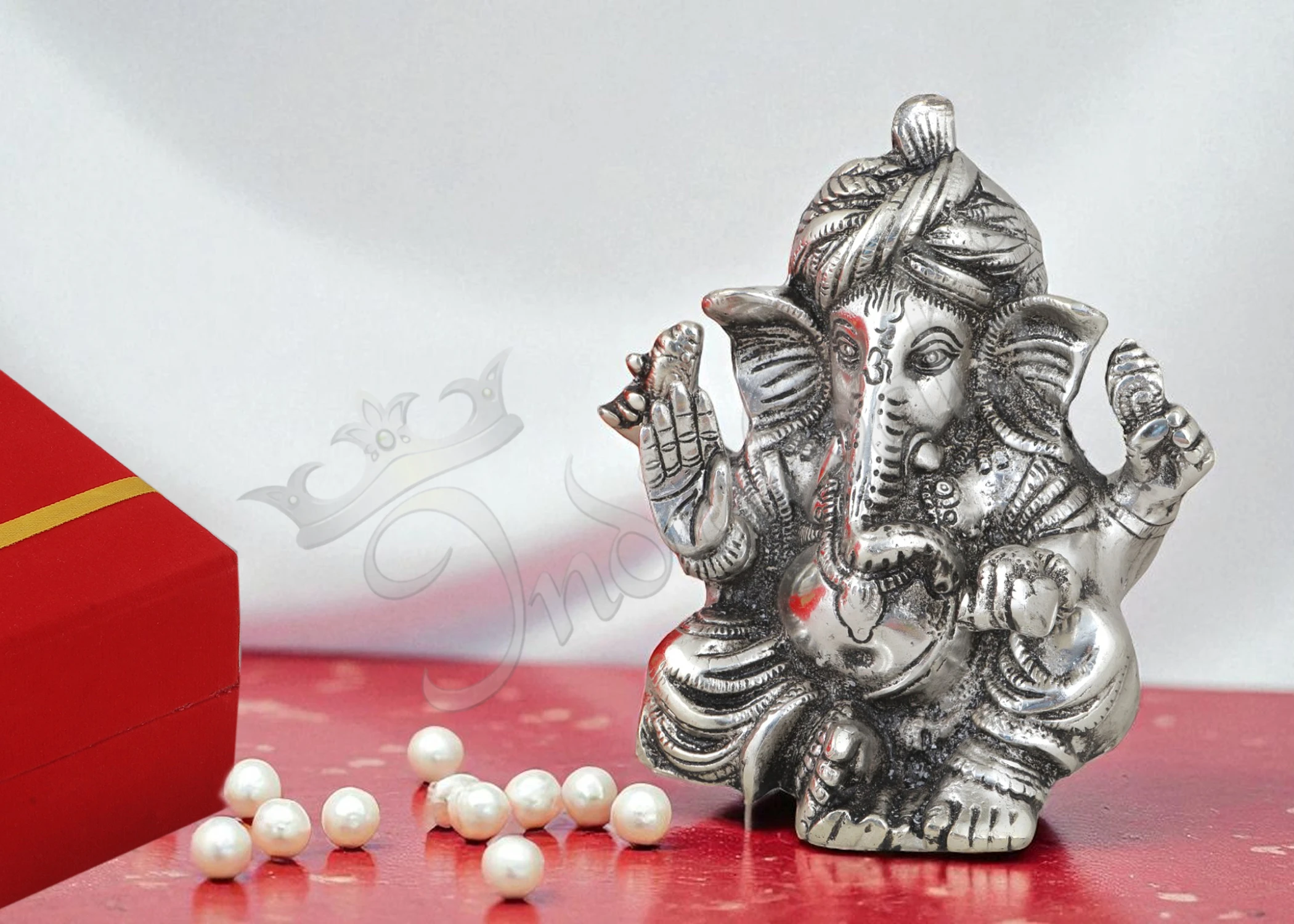 INW-15360 Silver Plated Aluminium Pagdi Ganesh Velvet Box for premium corporate gifting
