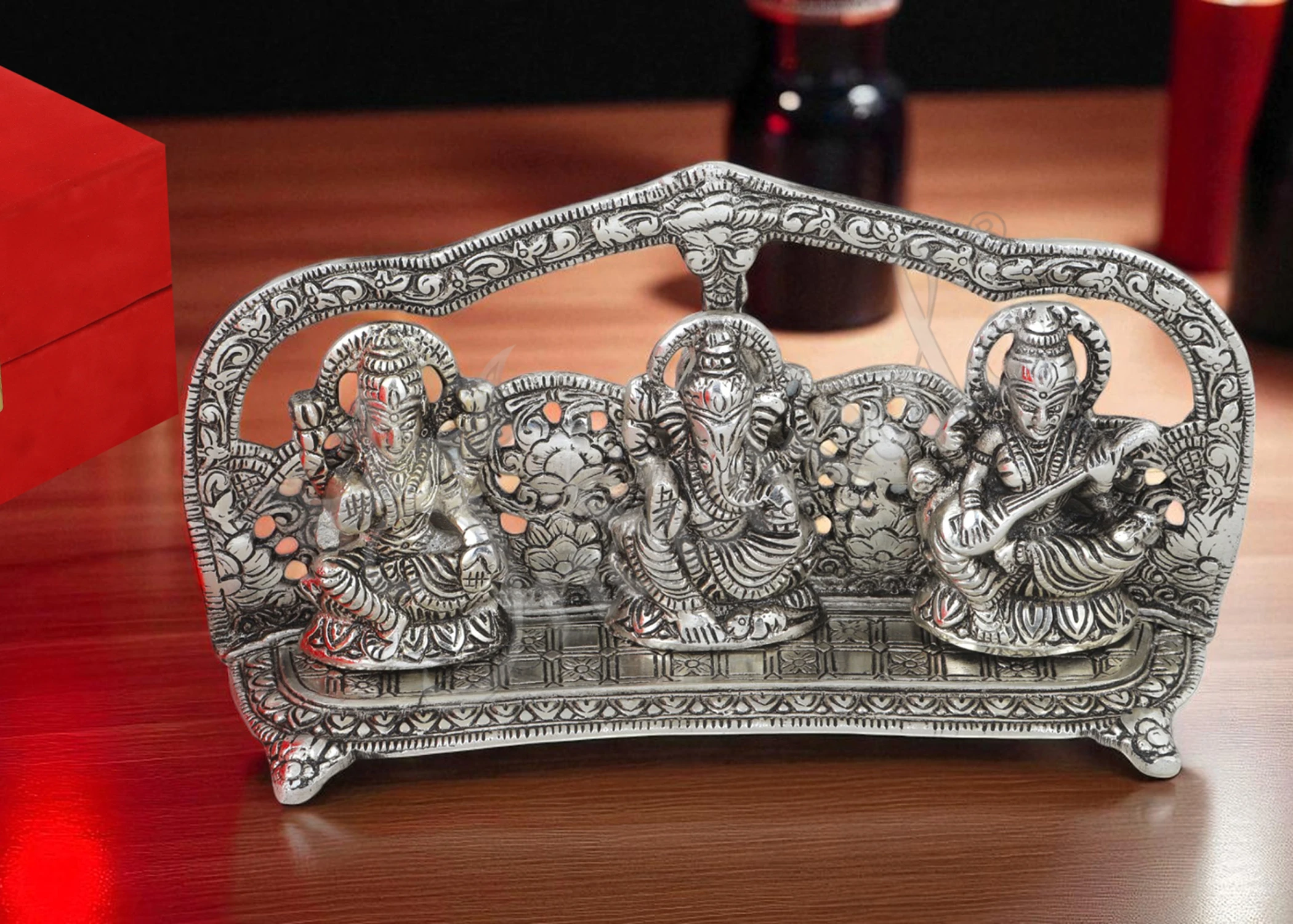 Silver Plated Lakshmi Ganesh Saraswati Set in a premium velvet box