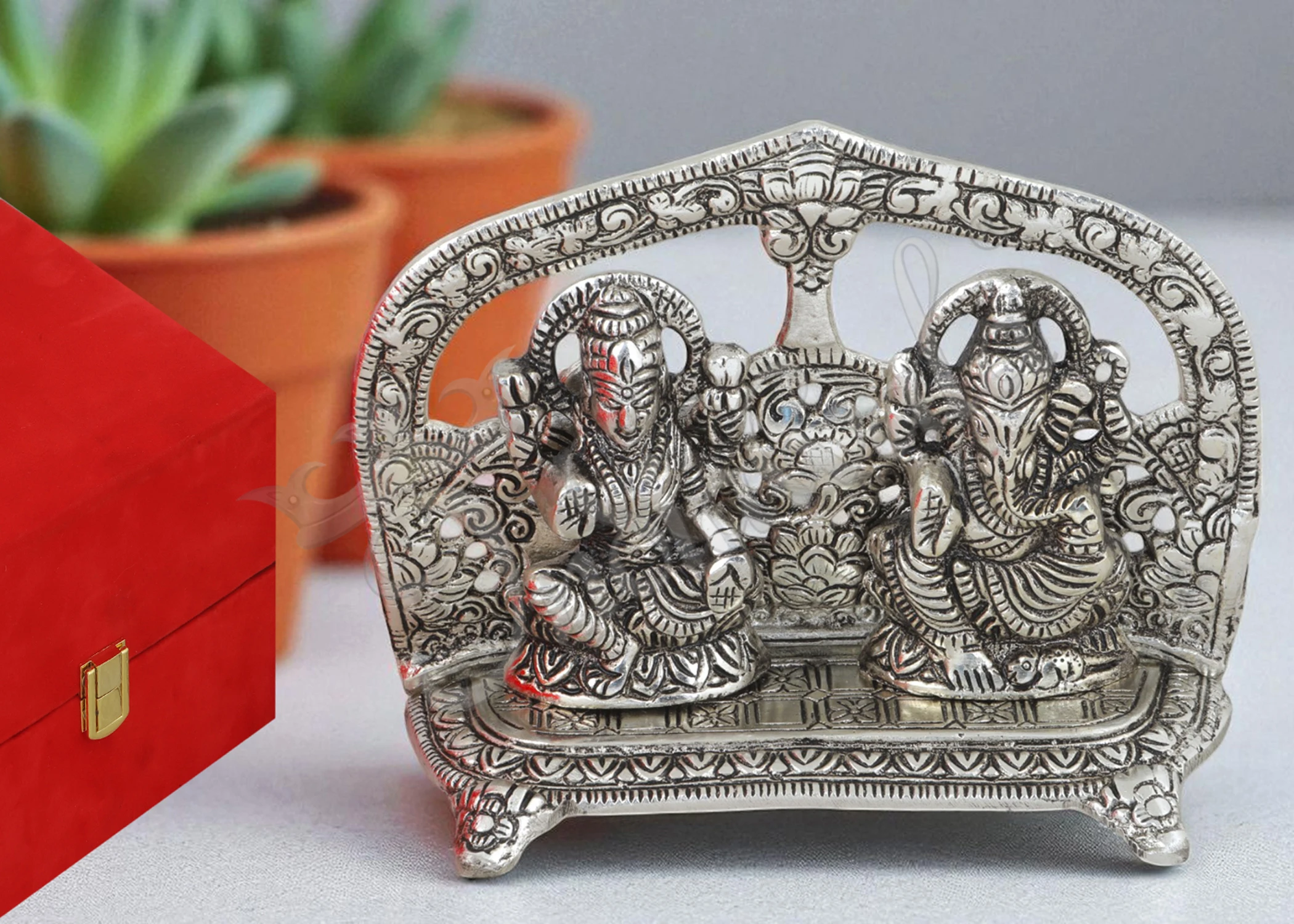 Silver Plated Aluminium Lakshmi Ganesh Gifting Set in a premium red velvet box