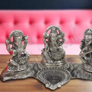 Silver Plated Lakshmi Ganesh Saraswati Diya with velvet box packaging
