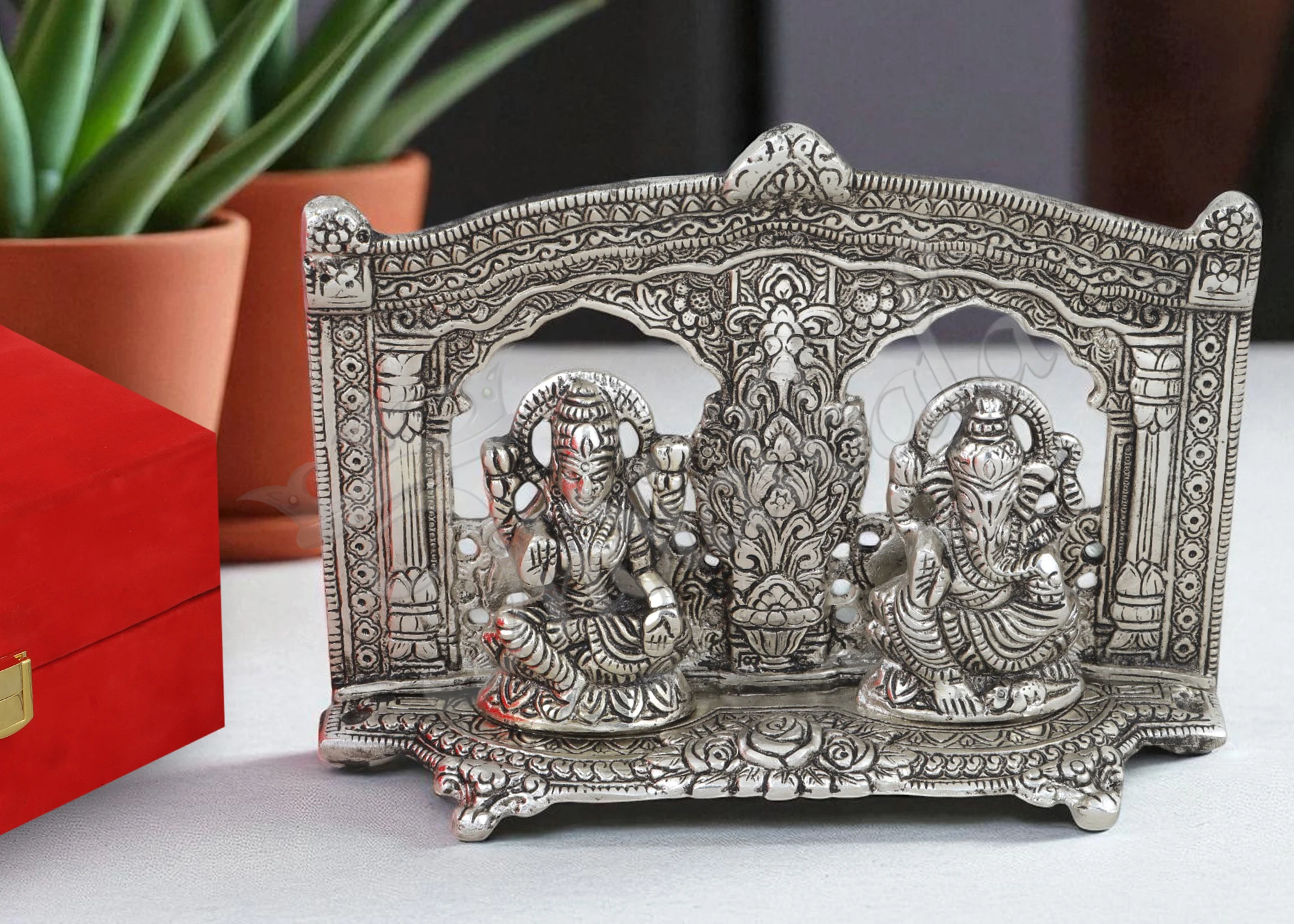 INW-15367 Silver Plated Lakshmi Ganesh 8x6 Inch Statue in a premium velvet box