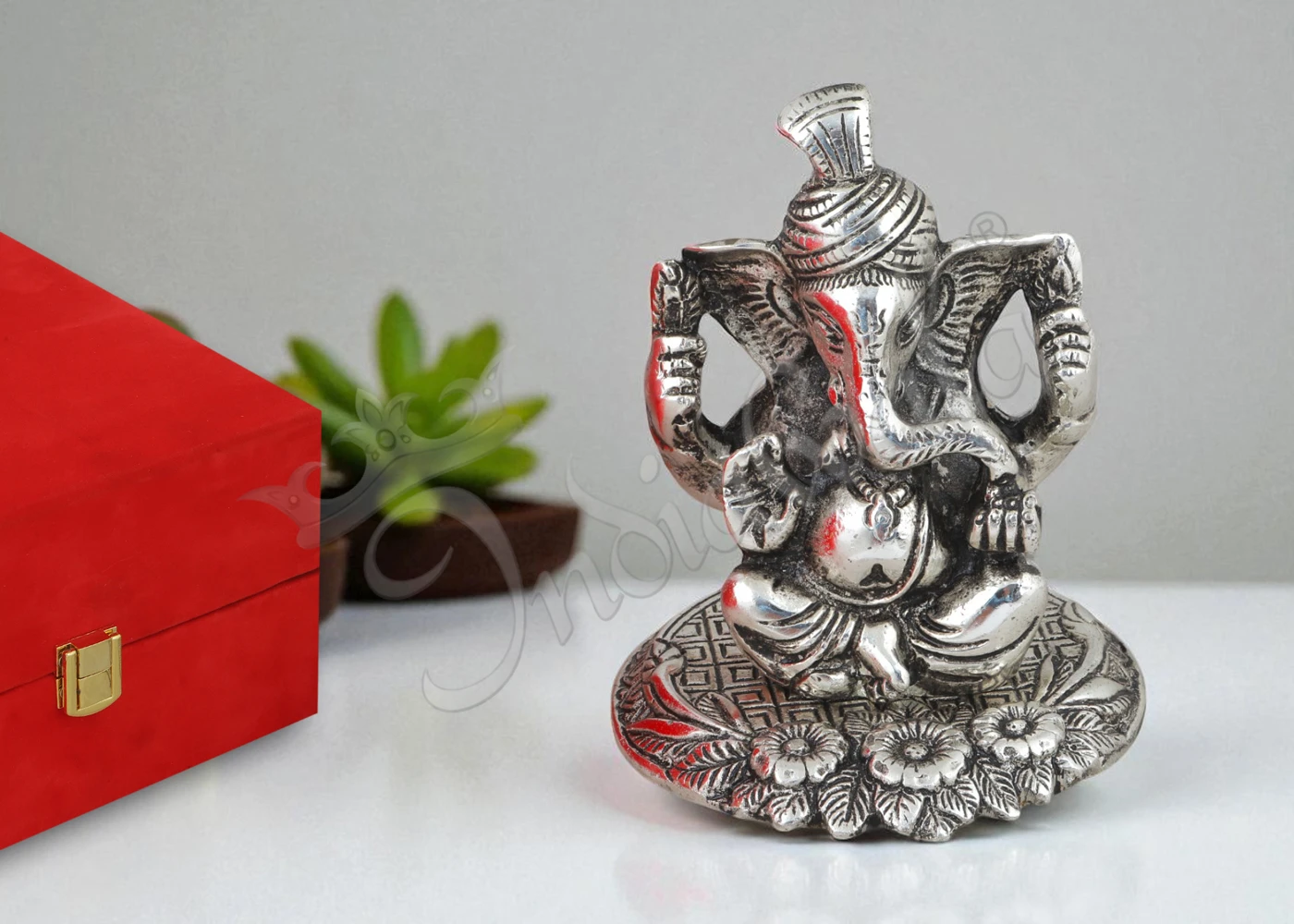 Silver Plated Aluminium Pagdi Ganesh Gifting Idol in a luxurious blue velvet box