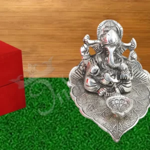 Silver Plated Aluminium Patta Ganesh Diya in a premium velvet box