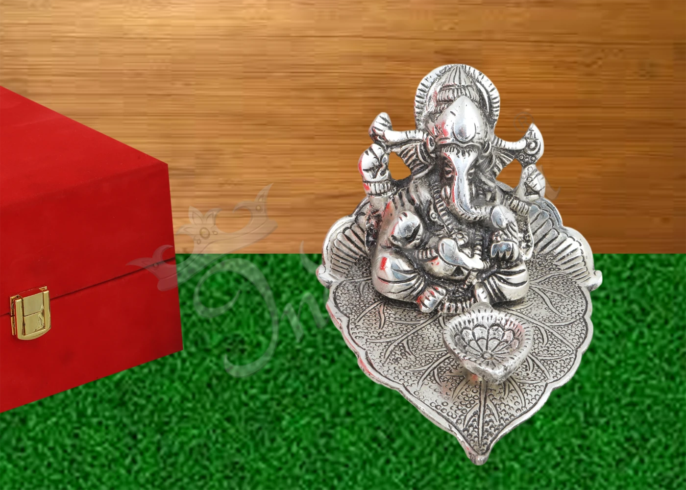 Silver Plated Aluminium Patta Ganesh Diya in a premium velvet box