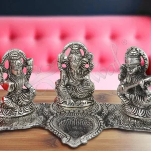 Silver Plated Aluminium Deep Lakshmi Ganesh Saraswati Idol with integrated diyas