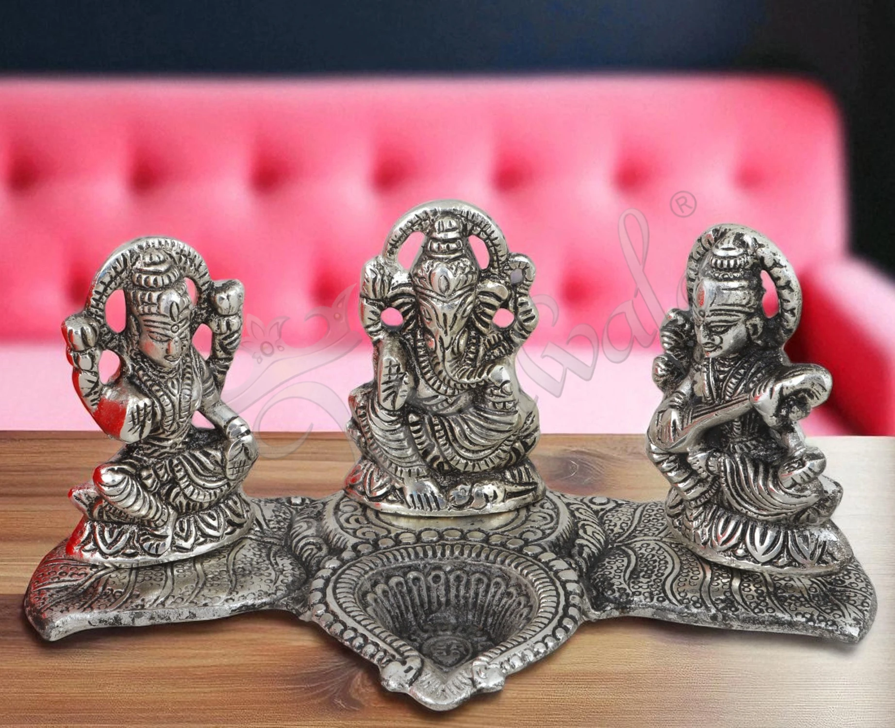 INW-15474 Silver Plated Aluminium Deep Lakshmi Ganesh Saraswati Idol with integrated diyas