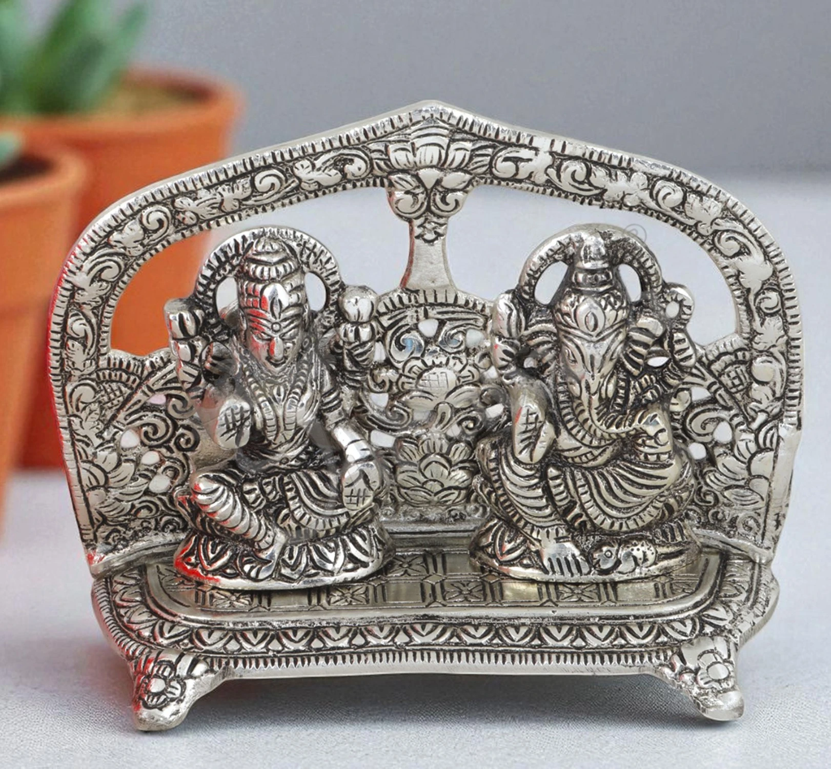 INW-15477 Silver Plated Lakshmi Ganesh Festive Statue for corporate and wedding gifting