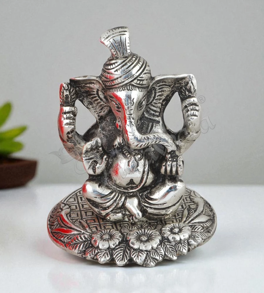 Silver Plated Aluminium Pagdi Ganesh 5 Inch idol for spiritual gifting
