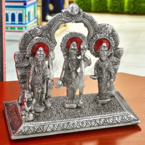 An 8x7 inch Silver Plated Aluminium Ram Darbar Gifting Idol, depicting Lord Rama, Sita, Lakshman, and Hanuman.