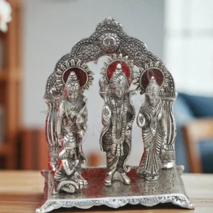 Divine Silver Plated Ram Darbar depicting Lord Rama, Sita, Lakshmana, and Hanuman.