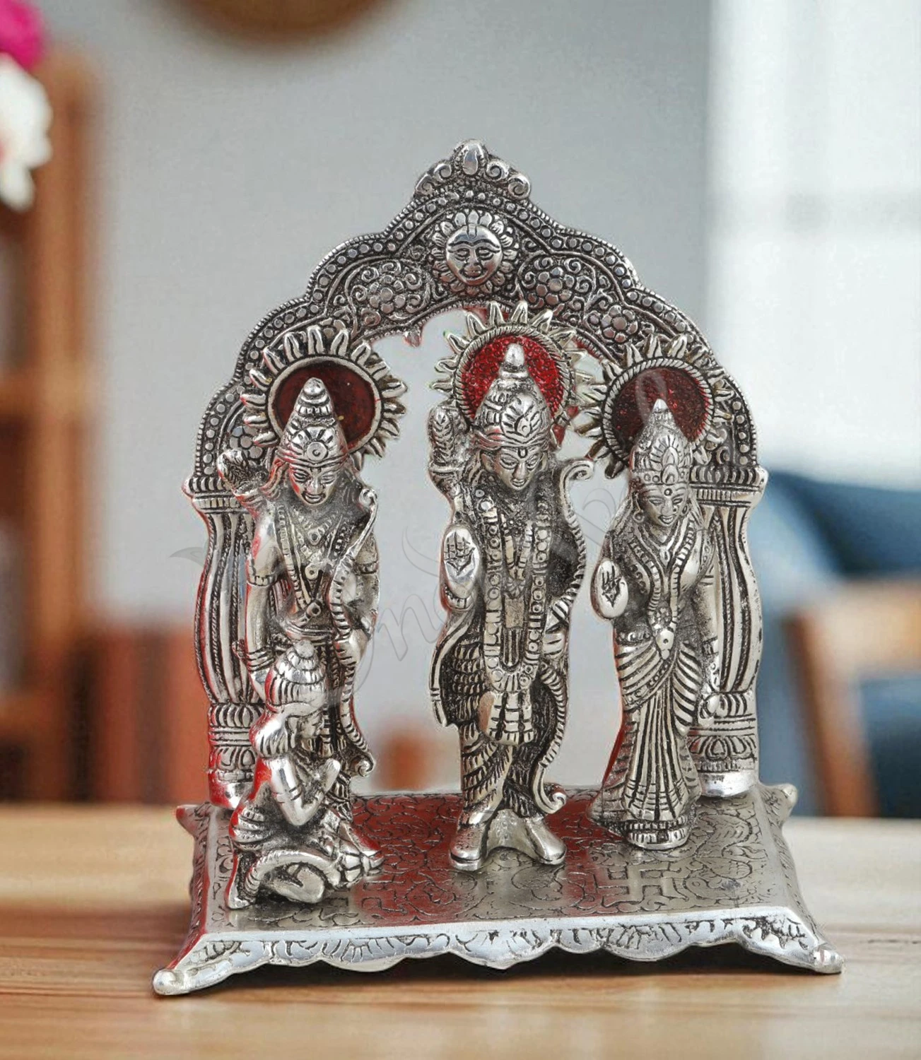 INW-15484 Divine Silver Plated Ram Darbar depicting Lord Rama, Sita, Lakshmana, and Hanuman.