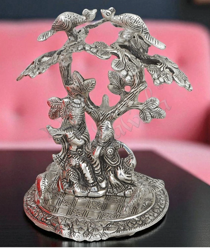 Silver plated aluminium radha krishna tree idol for home decor and gifting