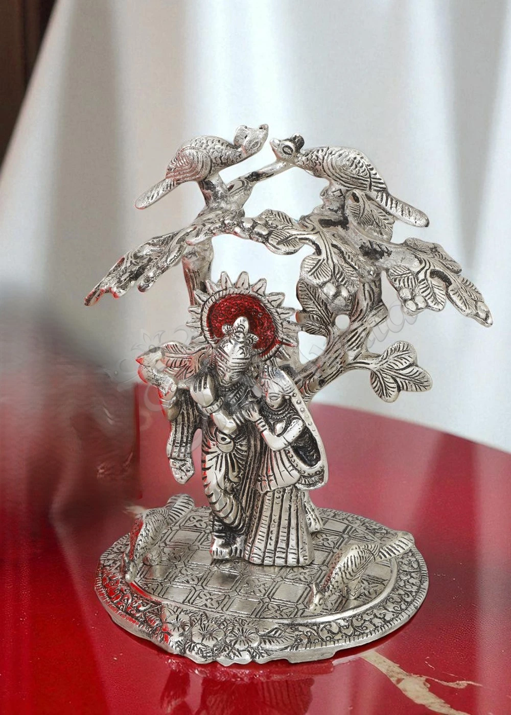 Silver Plated Radha Krishna Tree Gifting Statue crafted from premium aluminium