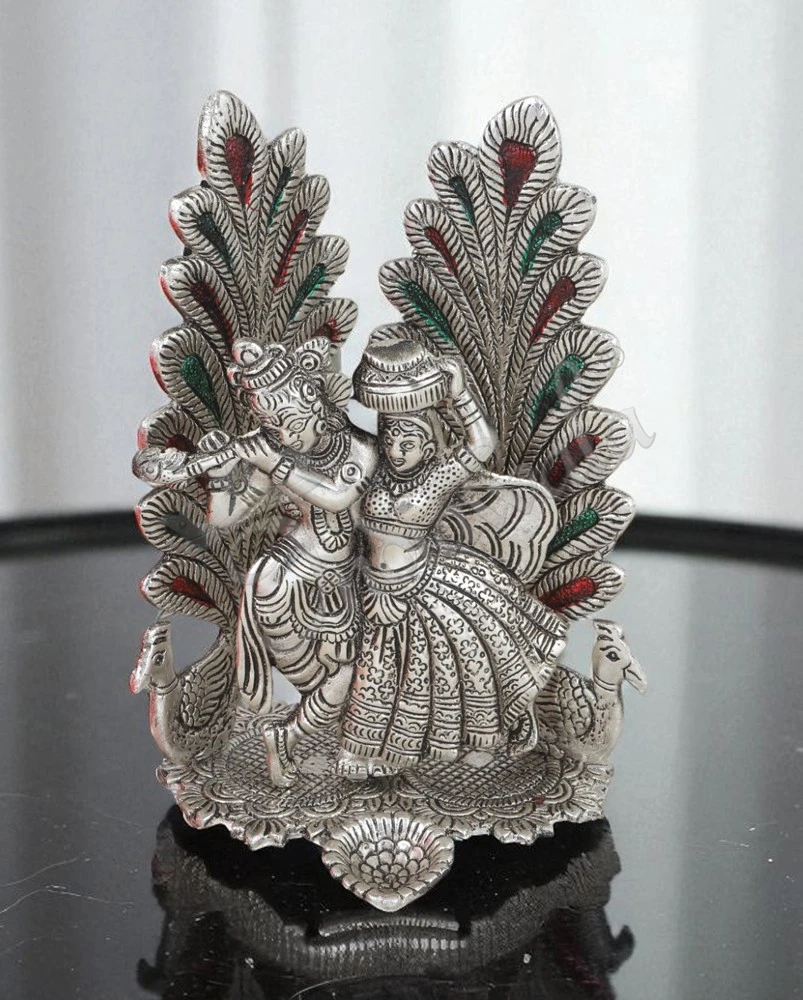 Silver Plated Peacock Radha Krishna Figurine for home decor and gifting